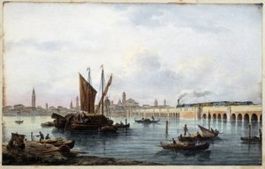 马可-莫罗编辑的 "威尼斯主要景观专辑 "中的环礁湖大桥。Gio Briz-Ghel，1840年。 作者 马可（后）莫罗