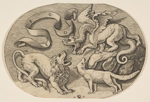 狮子，龙和狐狸互相搏斗，上方刻有铭刻的豹纹，椭圆形……。 1515-27。
