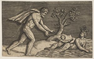 约旦，一个裸体男子在水中追捕na鱼和丘比特。 1515-27。
