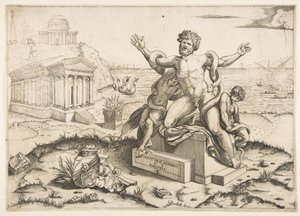 Laocoön和他的两个儿子在大草原上遭到蛇的袭击，这座大殿是密苏里州米... 1515-27。 作者 马可·登特