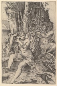 潘（Pan）监视坐在岩石上的若虫Syrinx，梳理她的头发。 1516-20。 作者 马可·登特