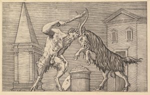 Speculum Romanae Magnificentiae:一个萨提尔和一只公羊的冲突，16世纪。 作者 马可·登特