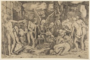 骷髅会，一群憔悴的男人和女人围着一具躺在地上的骷髅，1515-27。
