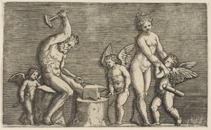火神坐在锤子旁边的金星和三个丘比特，约。 1515-27。 作者 马可·登特