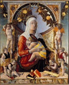 处女和孩子被 8 位天使包围。 Marco Zoppo (1433 - 1478) 的绘画 作者 马克·佐波