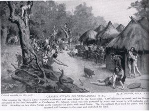 凯撒进攻维鲁拉米姆，插图选自《哈钦森国家史》，约 1910 年（平版） 作者 玛格丽特（后）多瓦斯顿