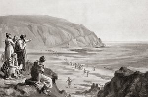 腓尼基人抵达地中海东岸，约公元前 1500 年，摘自哈钦森《民族史》，1915 年出版 作者 玛格丽特（后）多瓦斯顿