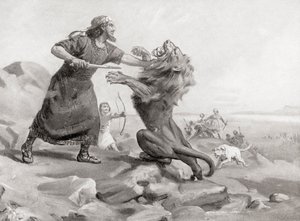 提格拉特-皮莱塞杀死狮子，摘自哈钦森的《民族史》，1915 年出版 作者 玛格丽特（后）多瓦斯顿