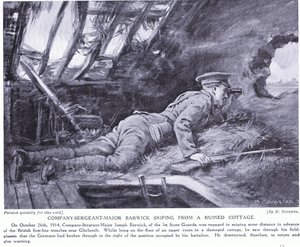 1914 年 10 月，连军士长 Barwick 在 Ghehuvelt 毁坏的平房中进行狙击（石版画） 作者 玛格丽特·多瓦斯顿