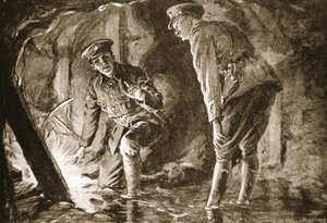 埃瓦森少校和一名军官在反地雷阵中倾听德军的声音（石版画）