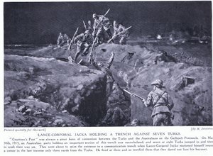 杰克下士（Lance Corporal Jacka）展示了一个人如何打败七个人，从而赢得了一枚越战勋章 1915 年 5 月（石版）。 作者 玛格丽特·多瓦斯顿
