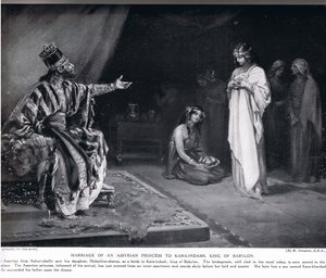 亚述公主与巴比伦国王卡拉-因达什的婚姻，"哈钦森的《国家史》"中的插图（石版印刷）。