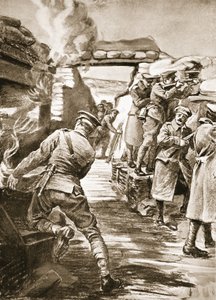 二等兵卡尔夫从因炮弹爆炸而着火的炸弹仓库中取出一箱弹药（石版画）