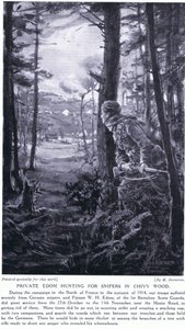 1914 年秋，二等兵伊东在奇维森林寻找狙击手（石版画）
