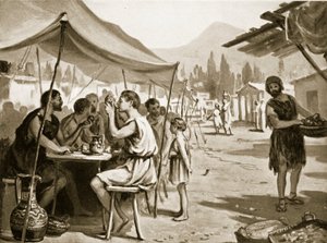 斯巴达人在公共餐桌上用餐，插图选自《哈钦森国家史