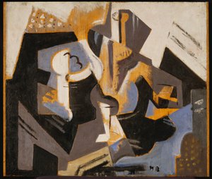 蓝色和灰色的立体派静物，约摄于1917年（船上有油）
