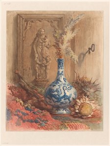 有中国花瓶和干向日葵的静物画