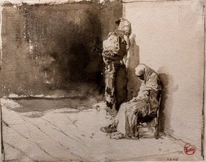 街角的两个阿拉伯乞丐（纸上水墨画）
