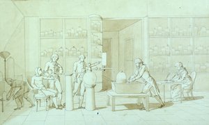 Antoine Lavoisier（1743-94）和他的呼吸实验（笔墨和棕褐色纸上洗） 作者 玛丽·安妮·皮埃尔特·拉瓦锡