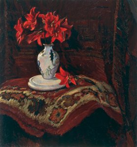 马里奥-普契尼（Mario Puccini，1869-1920 年）创作的红百合地毯和花瓶，布面油画，64x59 厘米。 作者 马里奥·普契尼