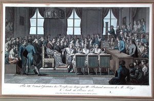 教皇皮乌斯七世参观巴黎的盲人机构，该机构由瓦伦丁-豪伊（1745-1822）的继任者贝特朗先生领导，1805年2月28日（彩色版画）。 作者 Marle Marle