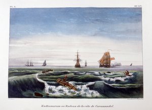 1828年，印度科罗曼德海岸附近的木筏。
