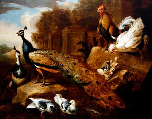 孔雀、鸽子和其他鸟类以及一座古典建筑（布面油画） 作者 Marmaduke (attr. To) Cradock