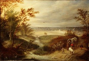 广阔的森林景观，在一个岔路口有一辆马车 作者 Marten (attr. To) Ryckaert