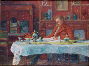 埃米尔-维尔哈伦（Émile Verhaeren）1855-1918年在餐桌上，1900年。 作者 玛尔特·维尔哈伦