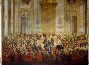 1760 年 6 月 10 日为帕尔马公主伊莎贝拉与约瑟夫二世皇帝的婚礼举办的官方宴会。 细节（绘画） 作者 马丁（和工作室）迈滕斯（Metens）或迈滕斯（Meytens）