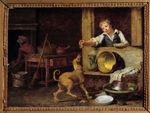 厨房内部 一个年轻的仆人把剩菜给了狗。 Martin Drolling (1752-1817) 的画作，19 世纪奥尔良，美术博物馆