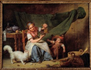 女人和老鼠 一个女孩在猫和一个婴儿面前拿着一个捕鼠器。 Martin Drolling (1752-1817) 1798 年作画。 0,25x0,35 m 奥尔良。 美术博物馆