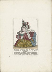 De Franse dwerg Madame Palatinelle，约 1710 年
Palatinelle 夫人，在伟大的 Galla Hauben、Mantille 和 Cul de Paris auffgepützt（物品上的标题）
Il Callotto resurcitato oder Neu eingerichtes Zwerchen Cabinet（系列名称） 作者 马丁·恩格尔布雷希特（归因于）