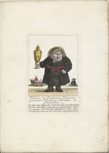 侏儒古斯塔夫斯-温伯格扮演的手持杯子的牧师，约 1710 年
Eximius et Ponderosus Dominus Gustavus Weinberger Parochus in Panzendorf 等。(物品上的标题）
Il Callotto resurcitato oder Neu eingerichtes Zwerchen Cabinet（系列名称） 作者 马丁·恩格尔布雷希特（归因于）