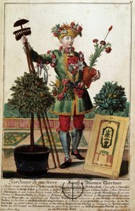 一个园丁。马丁-恩格尔布雷希特（1684-1756）的版画，载于18世纪德国的 "马努瓦里斯-哈比尔斯的新集会"。巴黎，装饰艺术