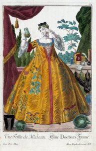 职务。一位医生的妻子。马丁-恩格尔布雷希特（1684-1756）的雕刻作品，载于18世纪德国的 "马努瓦里-哈比尔斯的新集会"。巴黎，装饰艺术 作者 马丁·恩格布雷希特
