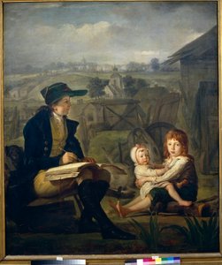 Werther dessine des enfants, illustration du roman "Die Leiden des jungen Werthers" (Les Souffrances du jeune Werther) de Johann Wolfgang von Goethe (1749-1832) - Werther drawing children - Oil on canvas by Martin Ferdinand Quadal (1736-1808)