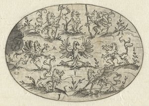 带有雄鹰的椭圆形图案，周围环绕着狮子和奇幻生物
Nev Thier Bvechlein（系列名称） 作者 无名氏