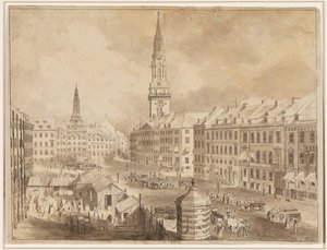 哥本哈根的 Nytorv 和 Gammel Torv，以及圣彼得教堂和圣母教堂的尖顶 作者 马丁·鲁道夫·赫兰