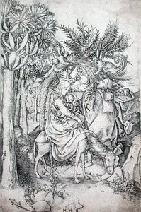 逃往埃及》，约1470-80（雕刻）。 作者 马丁·尚高