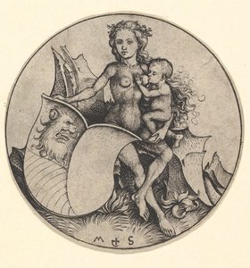 拿着有狮子头的野生妇女盾，ca。 1435-1491。 作者 马丁·尚高