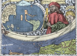 VESPUCCI, Amerigo (1454-1512)。 “Waldseemuller map or Universalis Cosmographia - (Universal Csmography) - Waldseemuller Planisphere”中的意大利探险家和制图” - 1507 -