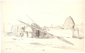 斯卡根 Østerby 的渔民小屋，背景是白色灯塔 作者 马蒂努斯·罗比（MartinusRørbye）