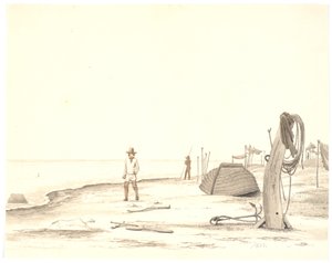 海滩上的倒船和两个渔夫 作者 马蒂努斯·罗比（MartinusRørbye）