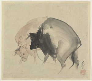 两头公牛，第1810页（墨水和纸上的颜色） 作者 大丸圆山