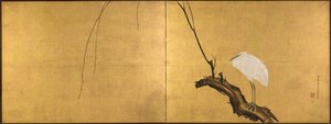 柳树枝上的苍鹭，两屏折叠屏风，1700年代后期（丝绸上的墨水，彩色，清漆和金色）