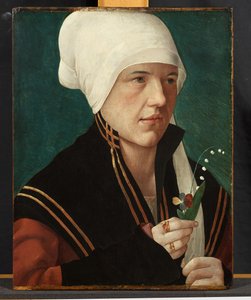 1510-20年，拿着山谷的百合花和三色堇的女人的画像