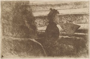 黑衣女子，在木屋中，面向右边，约1880年。 作者 玛丽·卡萨特