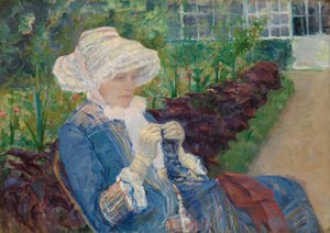 1880年Marly花园里的Lydia Crocheting 作者 玛丽·卡萨特
