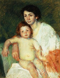 母亲的膝盖上的裸体婴儿，将右臂放在椅子的背面，1913年 作者 Mary Cassatt